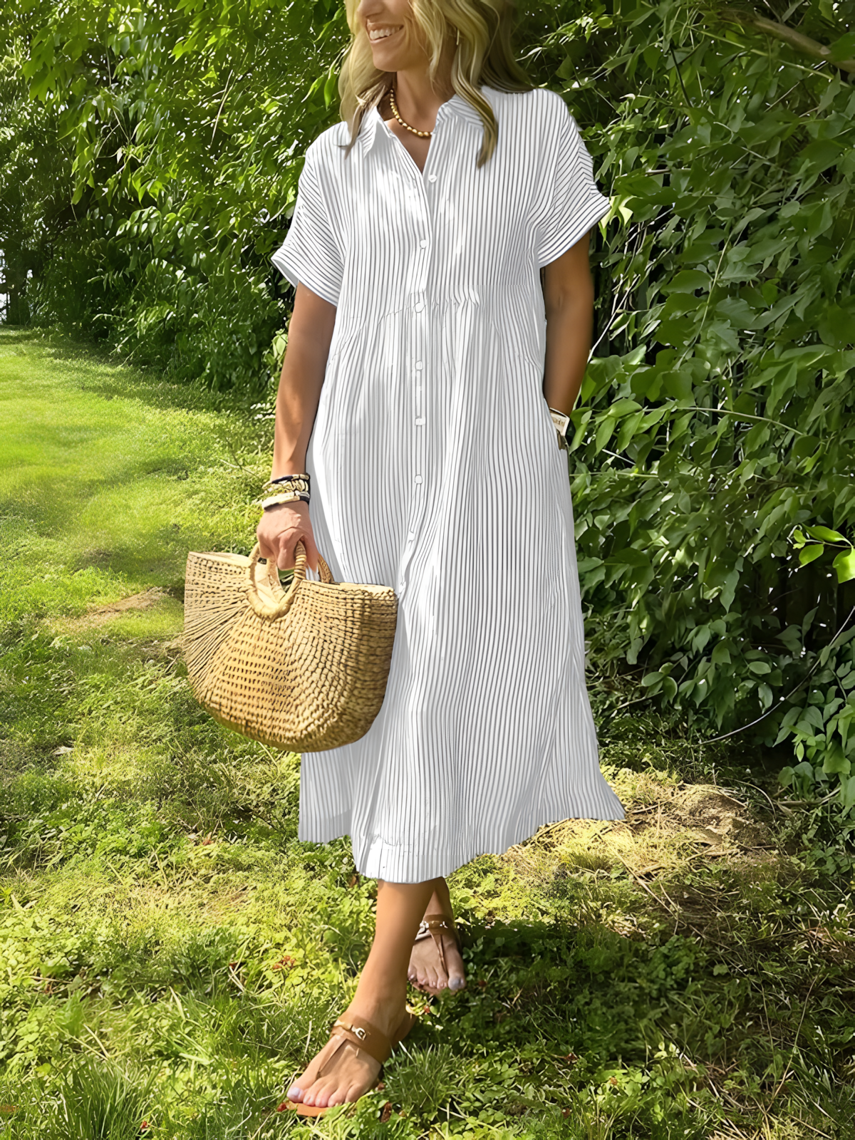 Lare - Vestido largo de rayas con bolsillos y cuello en V